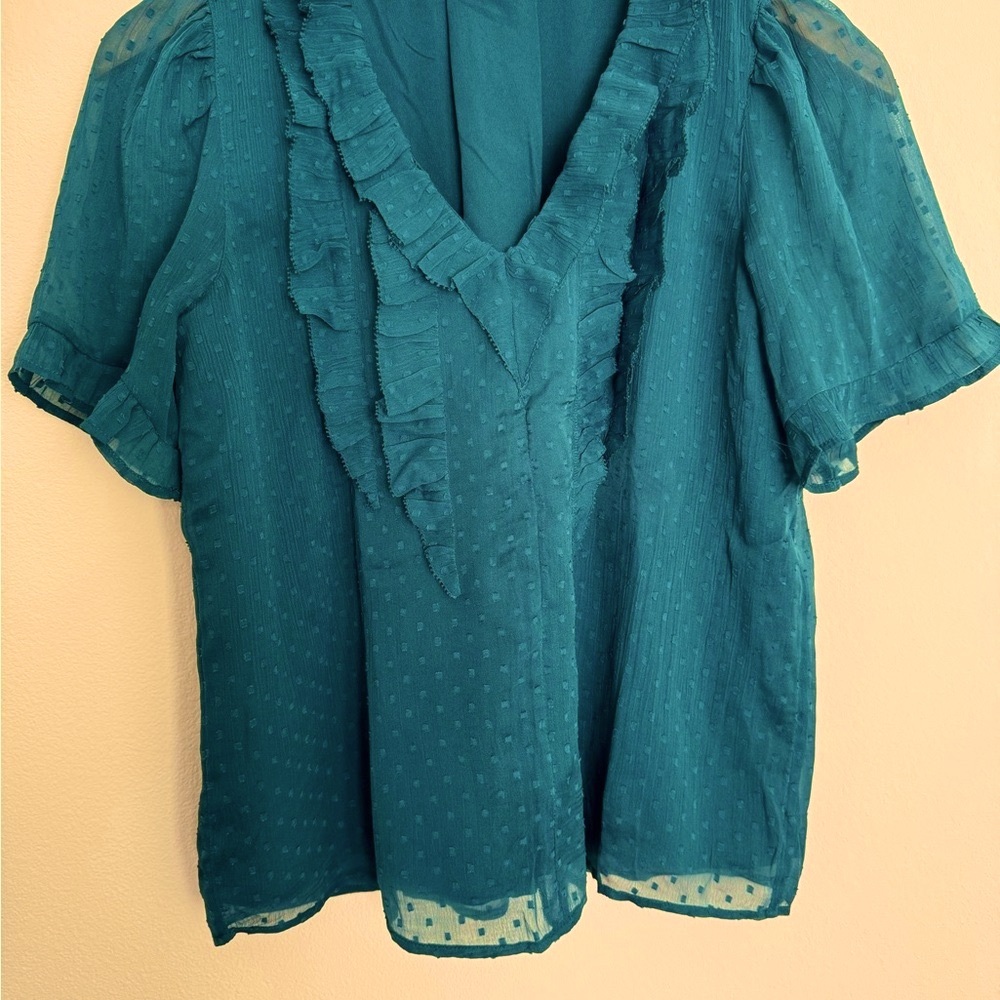 LOFT Teal swiss dot, ruffle Blouse